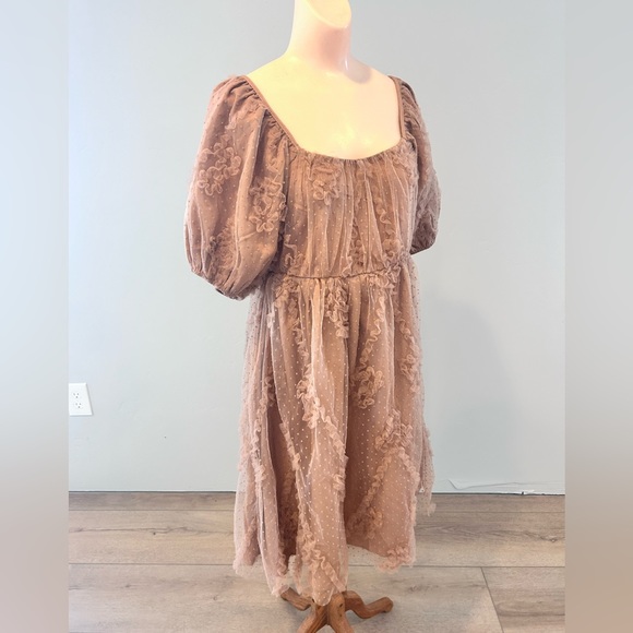 Polagram Dresses & Skirts - NWT Polagram Zelda Dress Tan Mesh Tulle Ruffled Square Neck